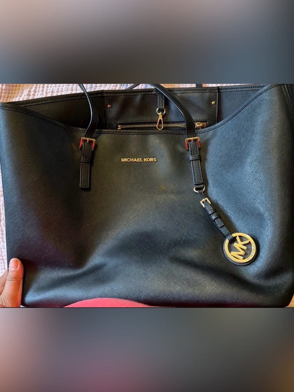 Michael Kors Black Leather Shoulder Tote with Gold Accents